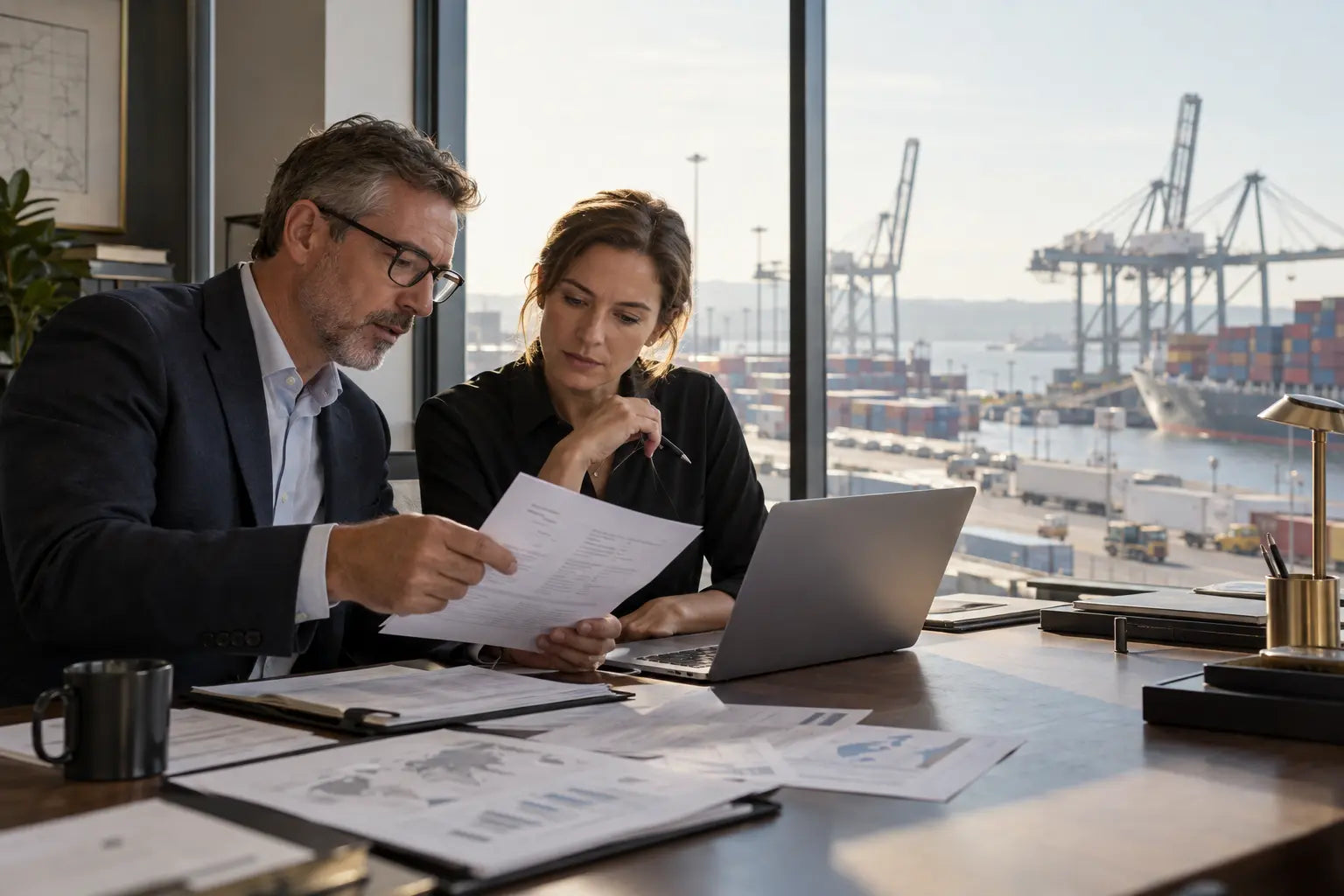 Trade consultants reviewing shipping documentation