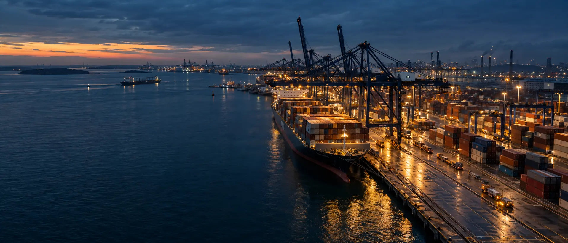 Container terminal operating at blue hour