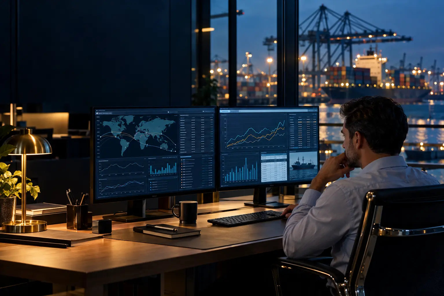 Trade analyst reviewing freight planning data