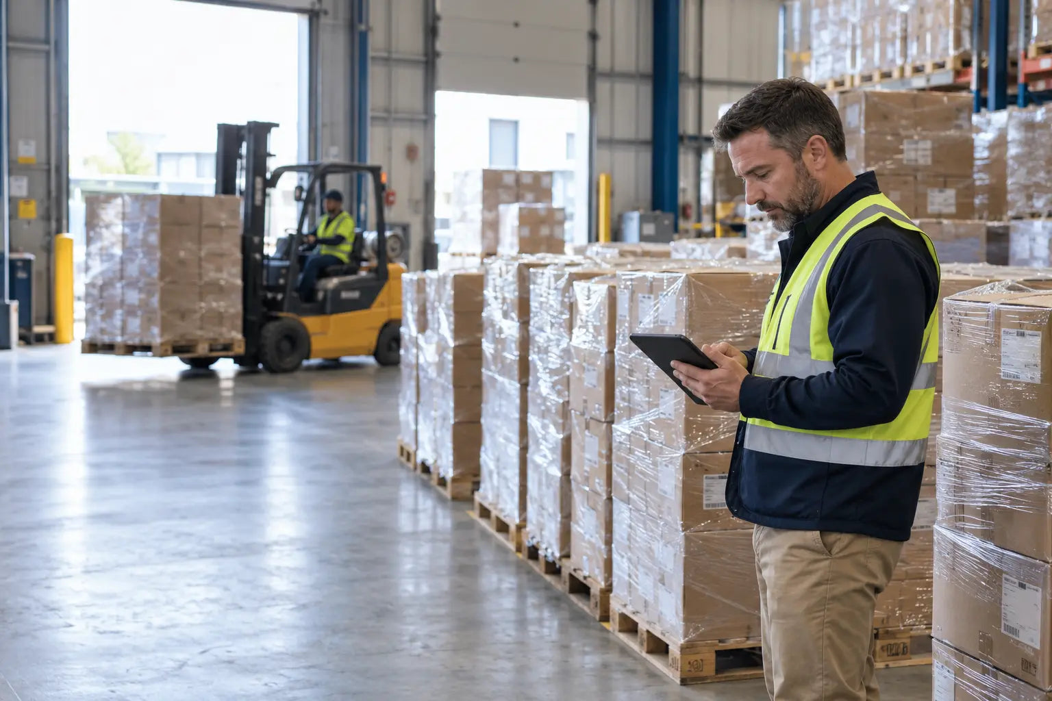 Warehouse manager reviewing received commercial goods